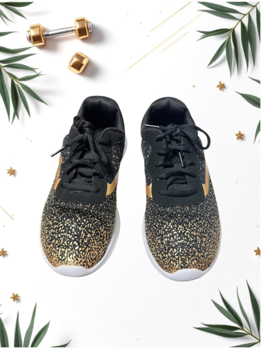Athletic Works Ltwt Black w Gold Accents Mesh Memory Foam Sneakers Women 7 Wide
